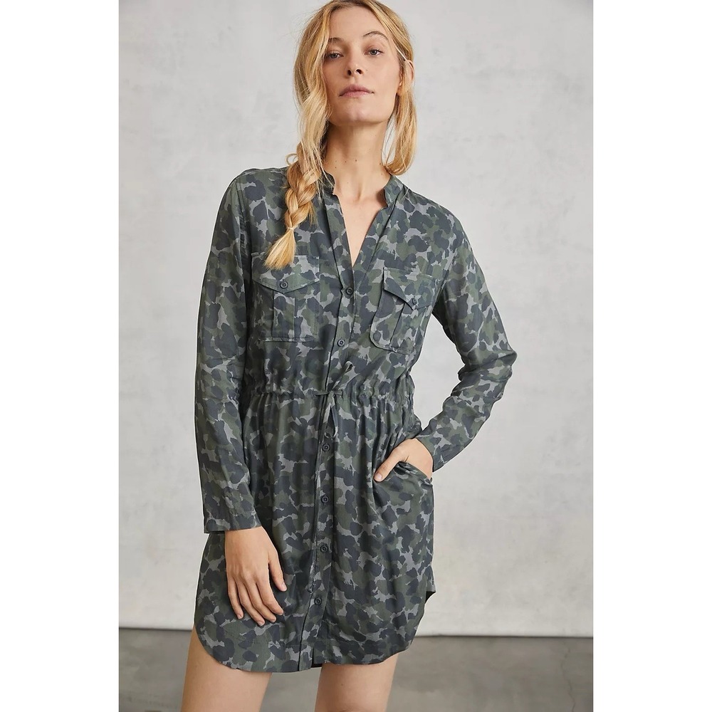 Anthropologie Cloth & Stone Nina Camo Mini Shirtdress Pockets Drawstring